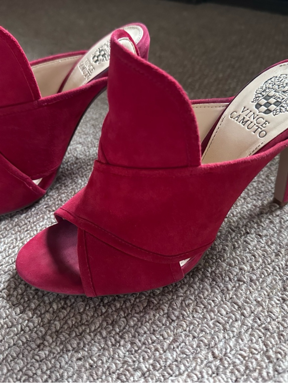 Vince Camuto Red Suede Open-Toe Sculpted Mule Heels
